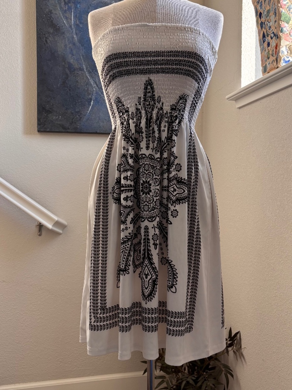 White Tube Top Flowy Dress with Black Prints